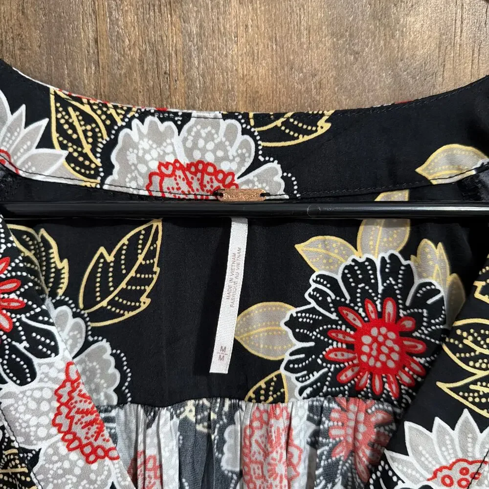 Free People Womens Blouse Black Floral Henley 'Run Free' Long Puff Sleeve Medium